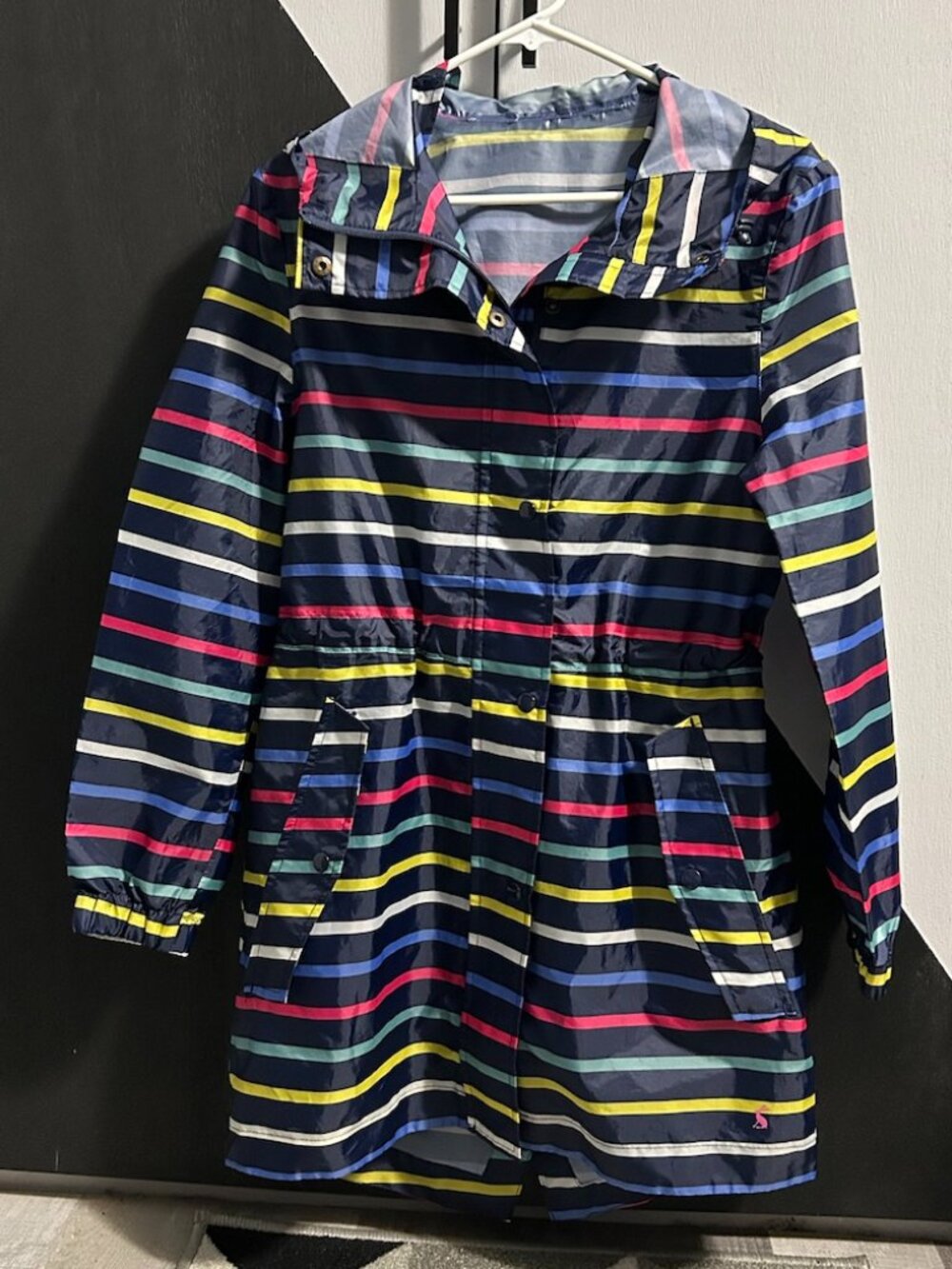 JOULES Packable Raincoat RIGHT AS RAIN Navy/Multi Striped Hooded Women's Size 2